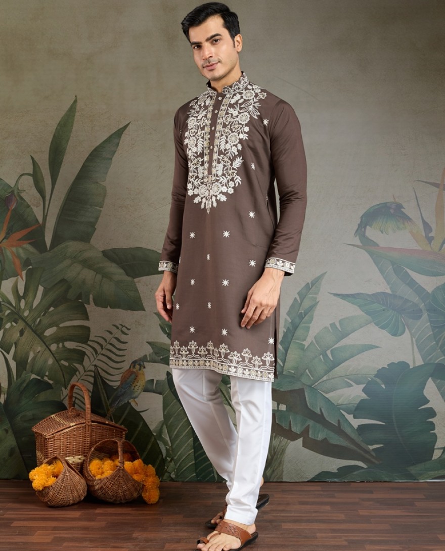 61322-brown - Brown Thread & Sequence Hand Embroidered Men’s Kurta Set